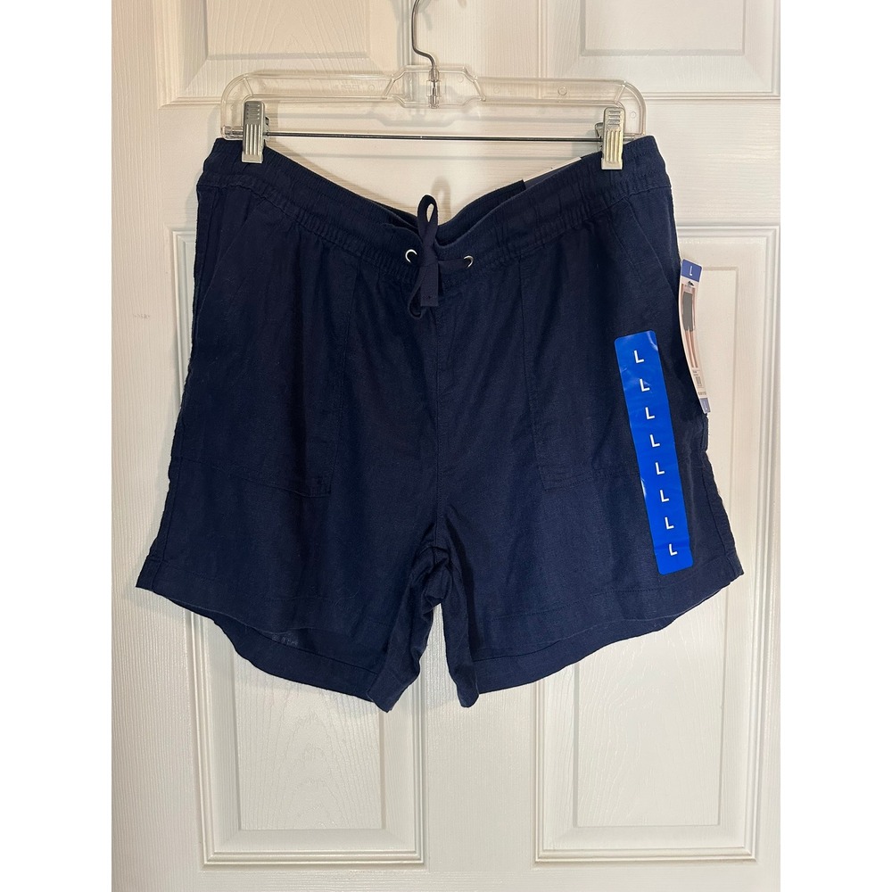 NWT‎ Nautica Womens Navy Blue Linen Blend Pull On Drawstring Shorts Size L